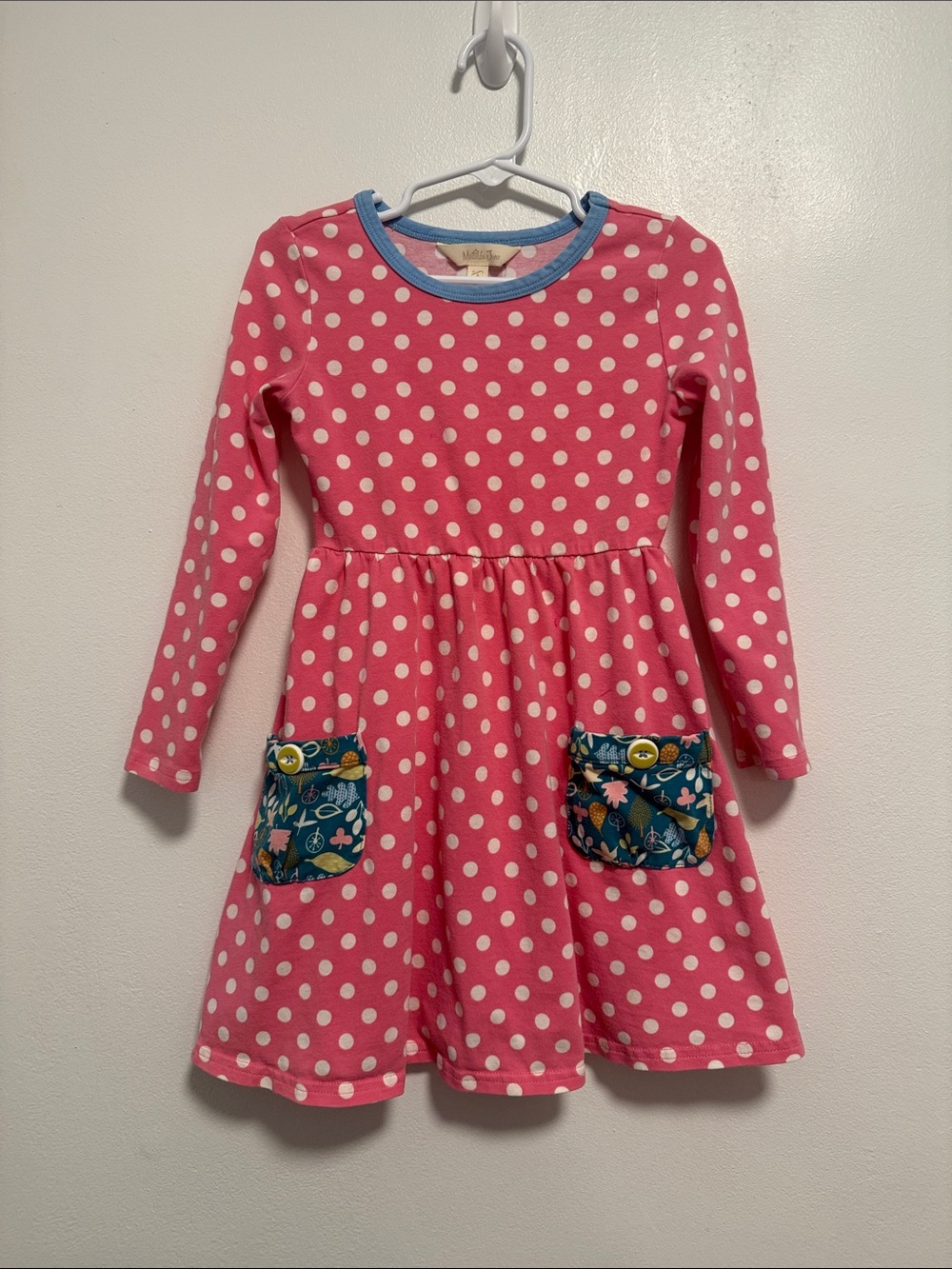 Matilda Jane Pink and White Polka Dot Dress with Blue Floral Pockets